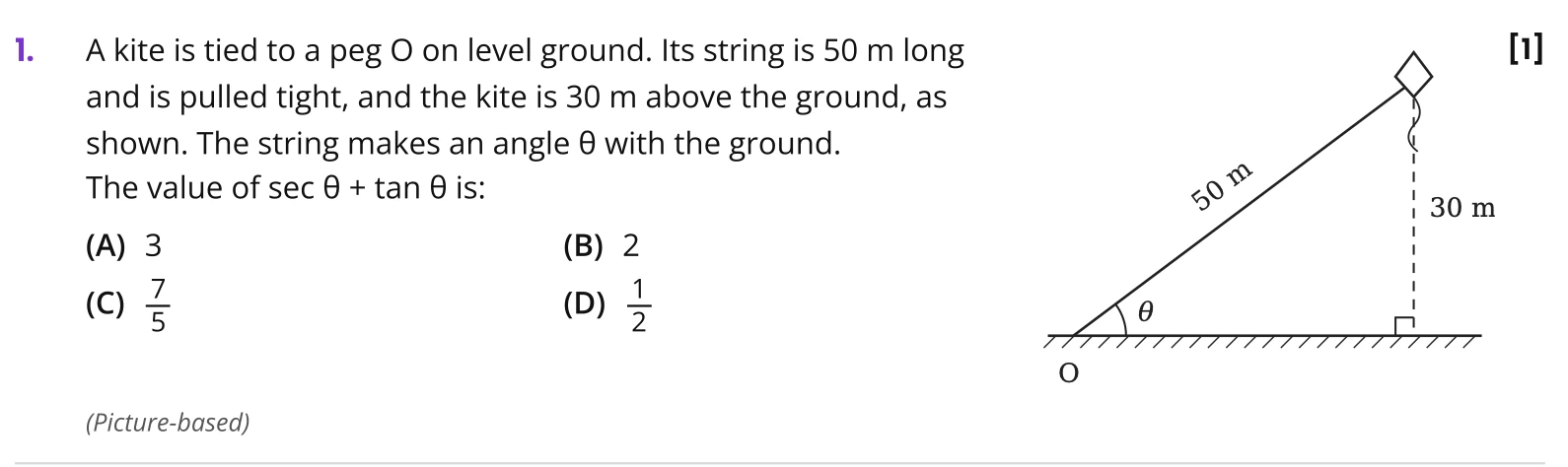 Trigonometry question: a kite on a 50 m string, 30 m above the ground; find sec θ + tan θ.